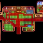 Map of The Community Center with red and green paths placed to indicate Villager movement paths.
