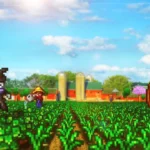 Farmers in field of garlic crops, watering with watering can, barn in background