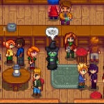 Inside Stardrop Saloon a Witch is sick and surrounded by many villagers