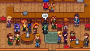 Inside Stardrop Saloon a Witch is sick and surrounded by many villagers