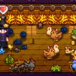 Witch standing inside a pixel coop, surrounded by birds and various coop animals.