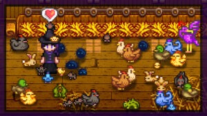 Witch standing inside a pixel coop, surrounded by birds and various coop animals.
