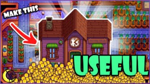 "Make This Useful" Community center on top of a pile of gold, with garden pots in the background