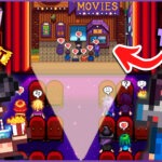 Game art of Inside a movie theater with Shane holding a camera, and Wickedy with theater snacks