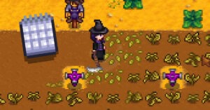 Witch using scythe on dead crops, calendar
